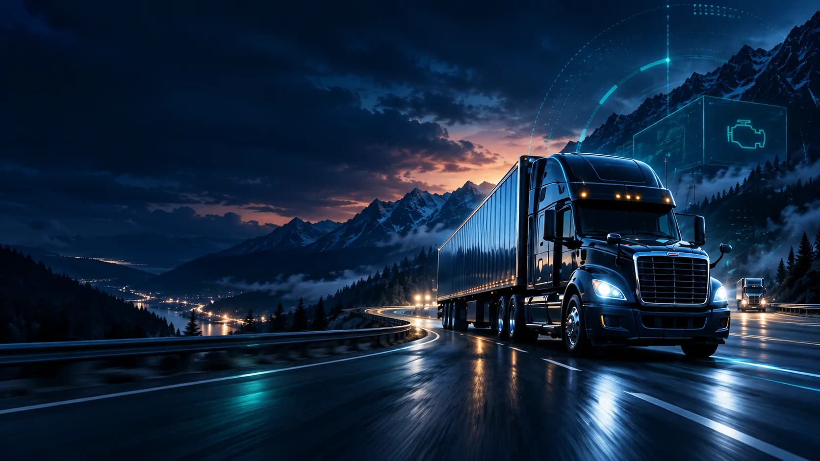 Heavy-duty truck on a mountain highway with connected diagnostic technology